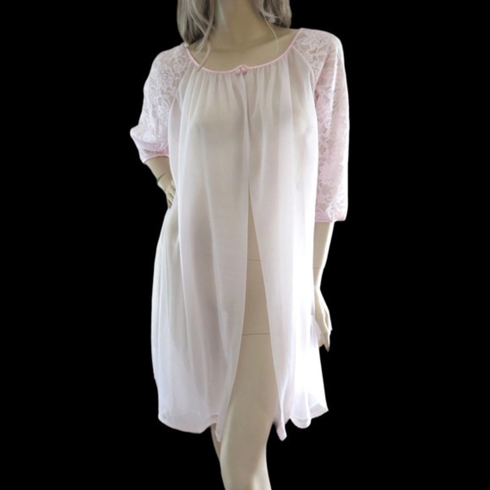 60s Pink Chiffon Peignoir M NWT Angelic Coquette Dollette Retro Glam Duster Gaze - Picture 4 of 8